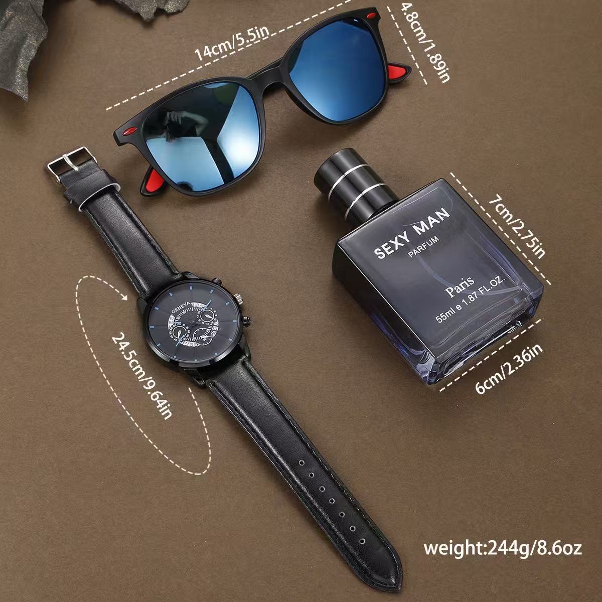 2025 Best-Selling GENEVA Ghost Face Men's Cool And Personal Leather Strap Watch Sunglasses Perfume Gift Box Set