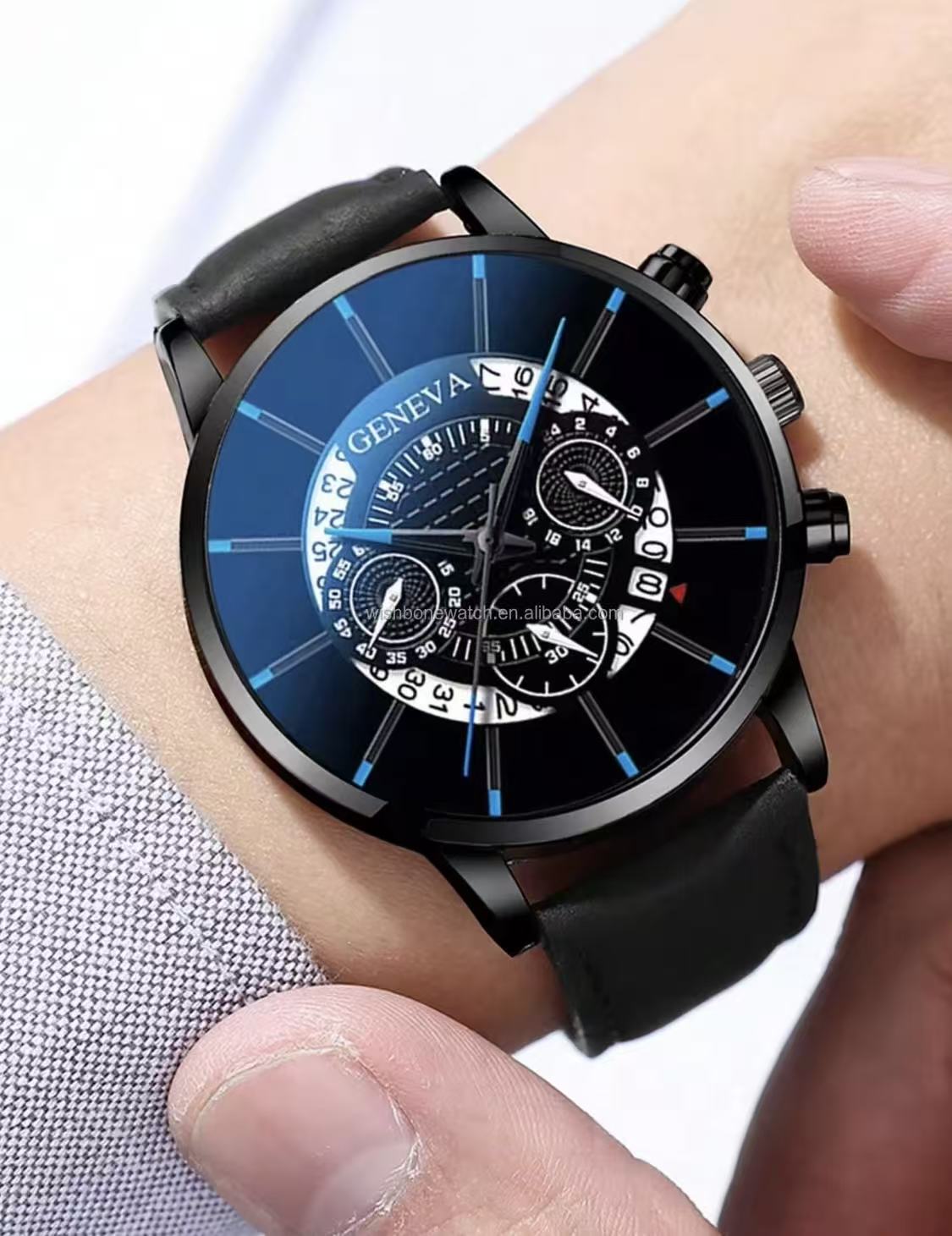 2025 Best-Selling GENEVA Ghost Face Men's Cool And Personal Leather Strap Watch Sunglasses Perfume Gift Box Set