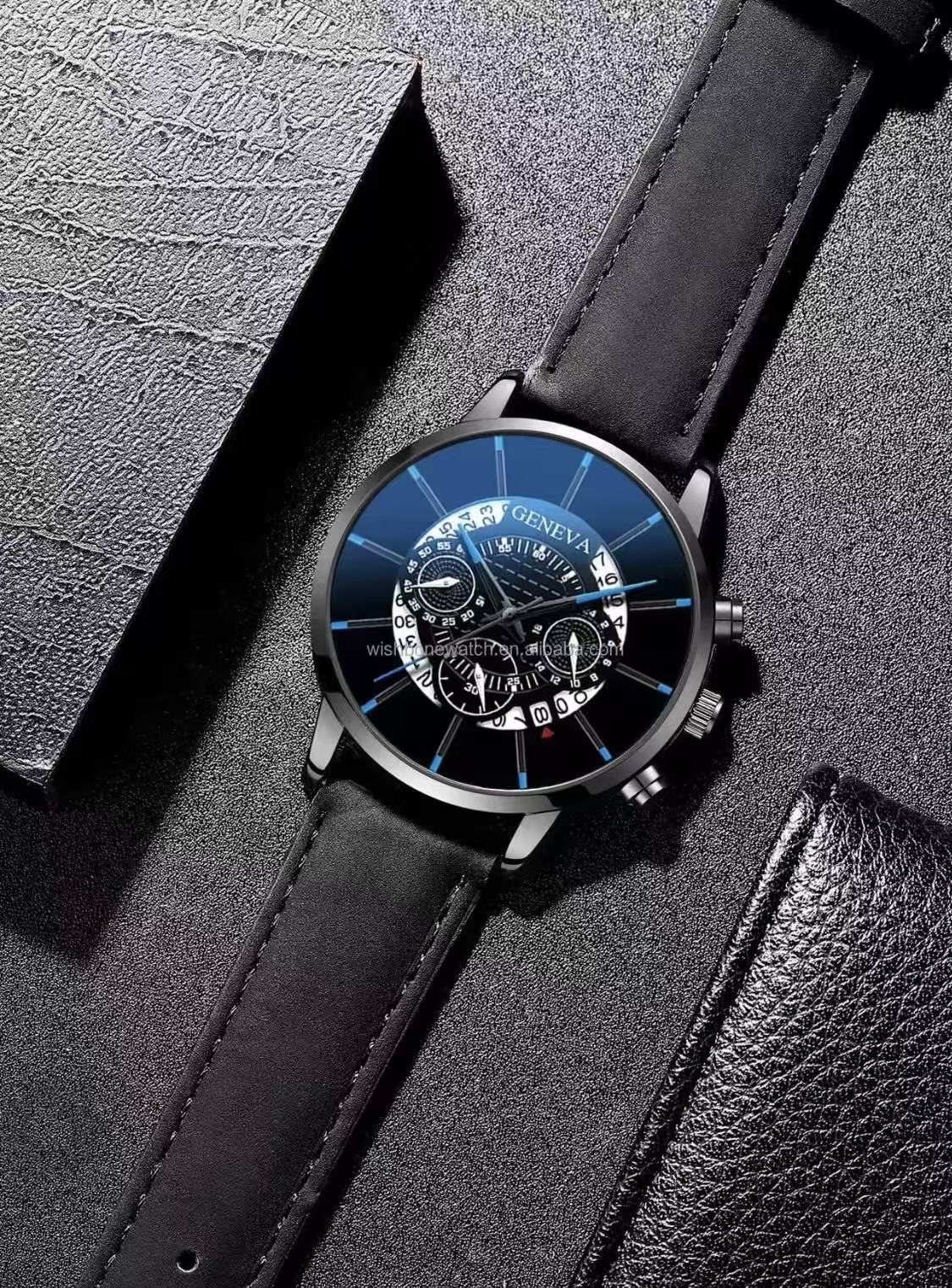 2025 Best-Selling GENEVA Ghost Face Men's Cool And Personal Leather Strap Watch Sunglasses Perfume Gift Box Set