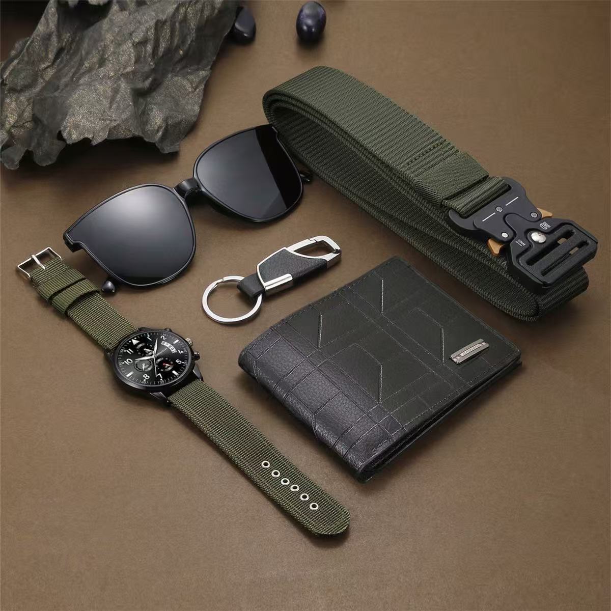 2025 New Style Dial Fashion Woven Strap Personalized Men's Sports 5-Piece Gift Set Includes a Quartz Watch, a Keychain, a Belt, a Pair of Sunglasses, and a Wallet.