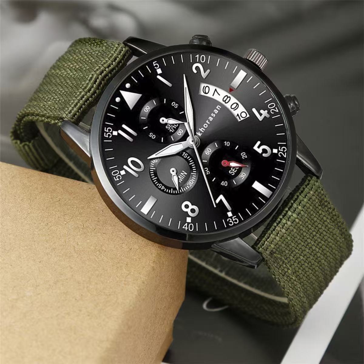 2025 New Style Dial Fashion Woven Strap Personalized Men's Sports 5-Piece Gift Set Includes a Quartz Watch, a Keychain, a Belt, a Pair of Sunglasses, and a Wallet.