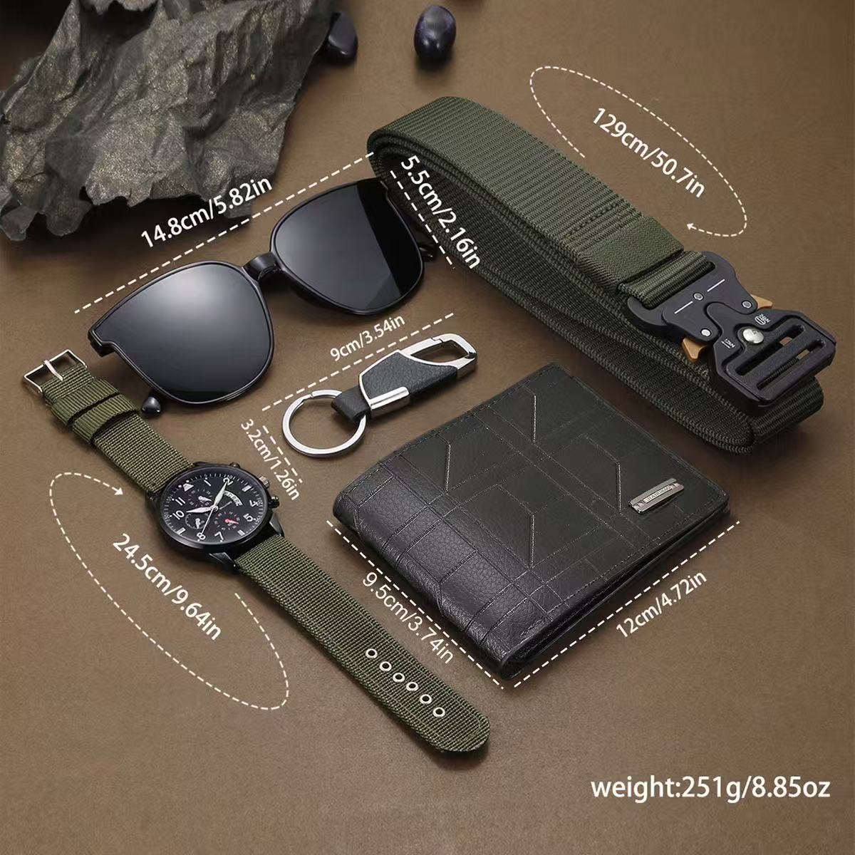 2025 New Style Dial Fashion Woven Strap Personalized Men's Sports 5-Piece Gift Set Includes a Quartz Watch, a Keychain, a Belt, a Pair of Sunglasses, and a Wallet.