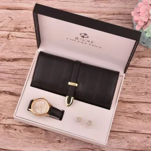 3Pcs/Set Ladies Fashion Temperament Wallet + Watch + Ear Stud Gift Box Gift Set, Festival Gift for Gifting