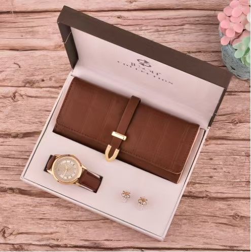 3Pcs/Set Ladies Fashion Temperament Wallet + Watch + Ear Stud Gift Box Gift Set, Festival Gift for Gifting