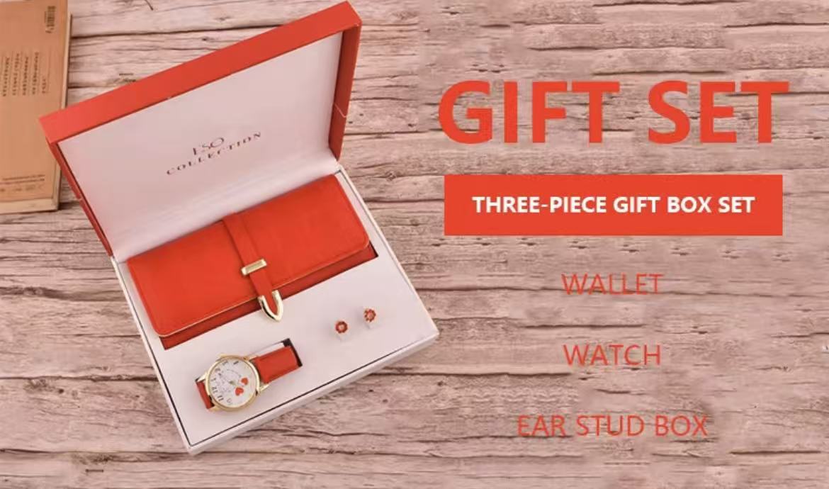3Pcs/Set Ladies Fashion Temperament Wallet + Watch + Ear Stud Gift Box Gift Set, Festival Gift for Gifting