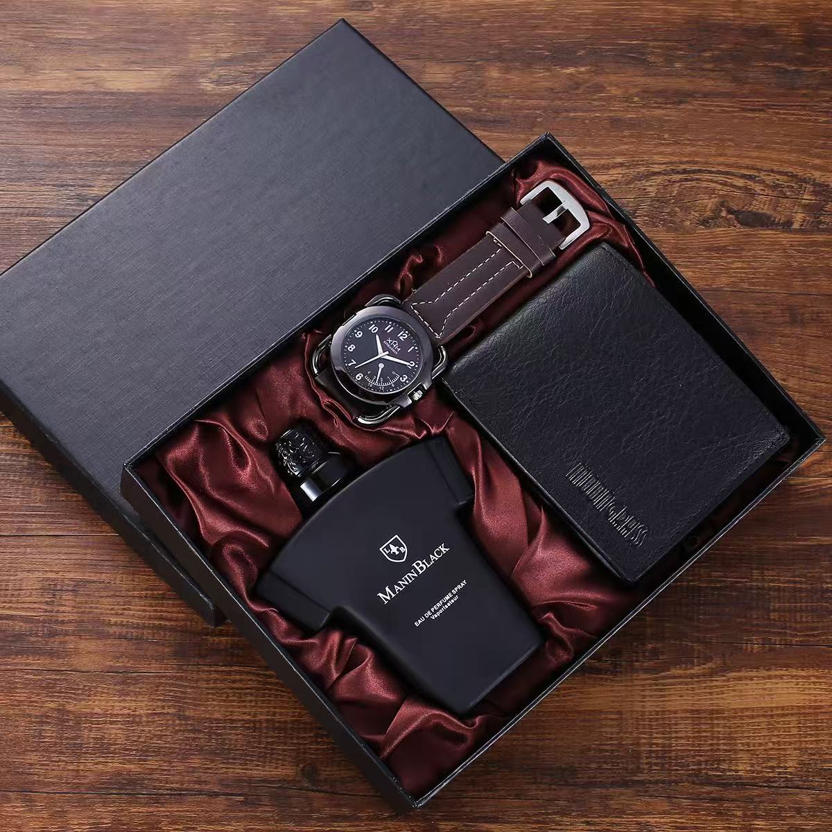 3-Piece Mature Business Men's PU Leather Watch And Wallet Set, Matched With Various Handmade Gift Box Black Cloth Set Gifts