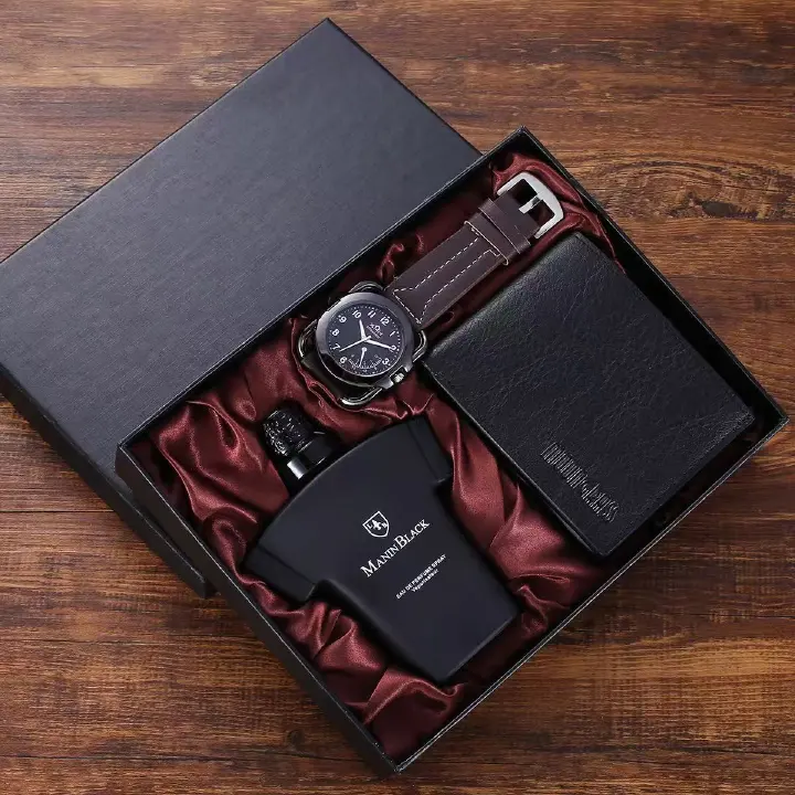 3-Piece Mature Business Men's PU Leather Watch And Wallet Set, Matched With Various Handmade Gift Box Black Cloth Set Gifts