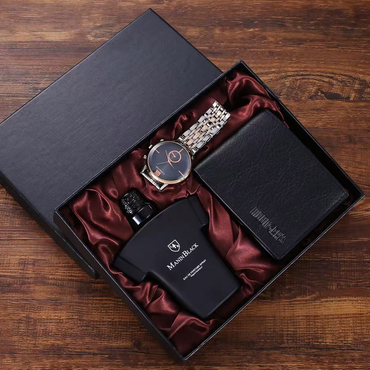 3-Piece Mature Business Men's PU Leather Watch And Wallet Set, Matched With Various Handmade Gift Box Black Cloth Set Gifts