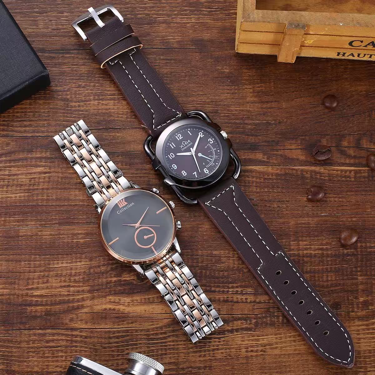 3-Piece Mature Business Men's PU Leather Watch And Wallet Set, Matched With Various Handmade Gift Box Black Cloth Set Gifts