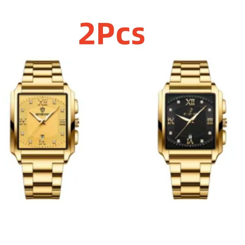 2  Pieces of BINBOND B4143 New Rectangular Men's Stainless Steel Band Simple Sports Outdoor Calendar Quartz Watch Waterproof Wristwatch