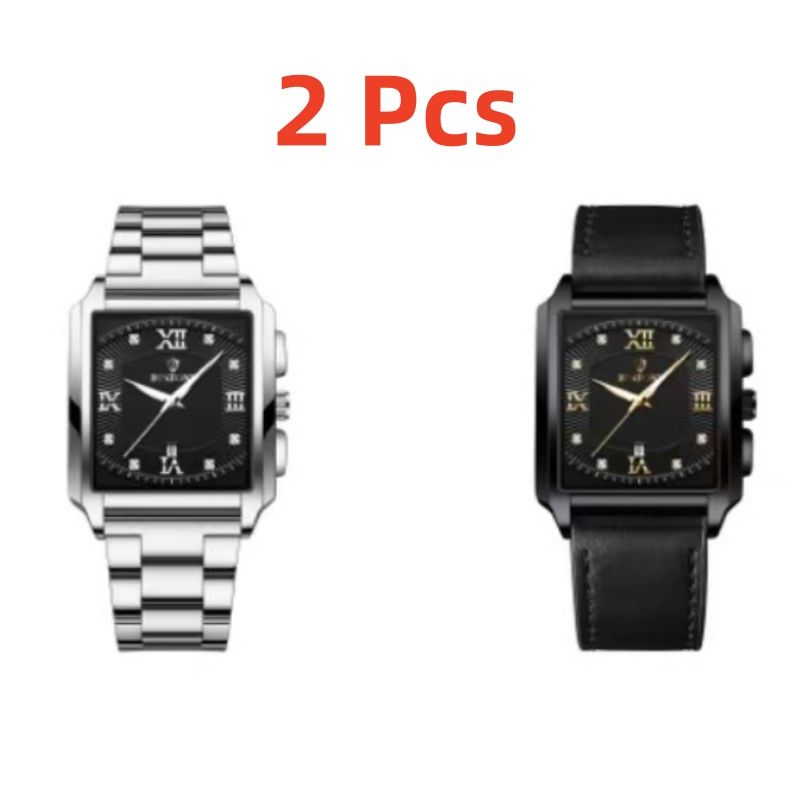 2  Pieces of BINBOND B4143 New Rectangular Men's Stainless Steel Band Simple Sports Outdoor Calendar Quartz Watch Waterproof Wristwatch