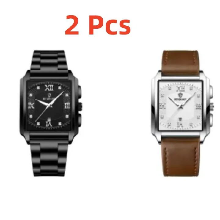 2  Pieces of BINBOND B4143 New Rectangular Men's Stainless Steel Band Simple Sports Outdoor Calendar Quartz Watch Waterproof Wristwatch