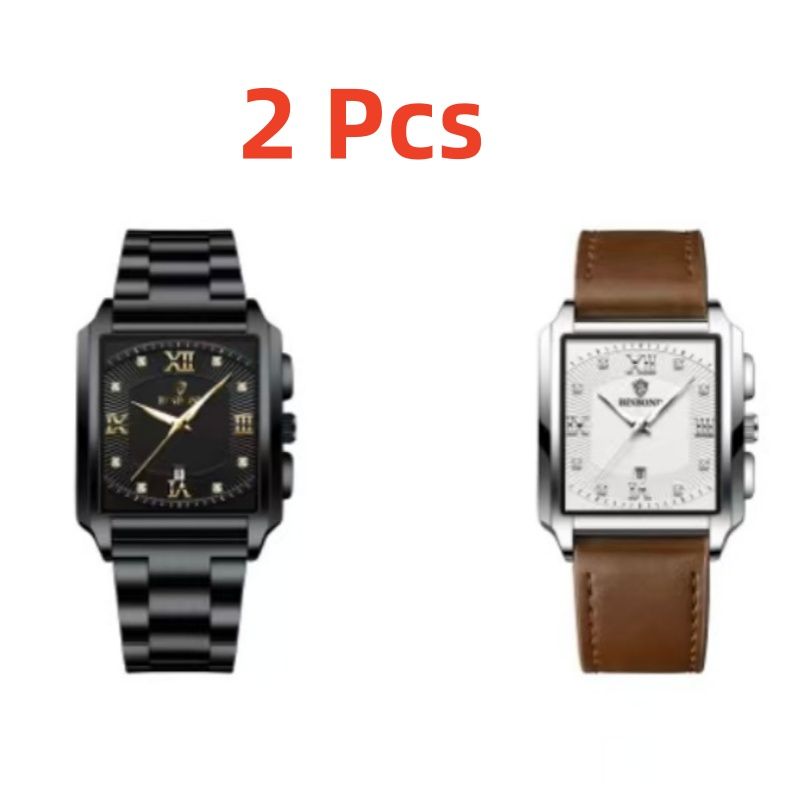 2  Pieces of BINBOND B4143 New Rectangular Men's Stainless Steel Band Simple Sports Outdoor Calendar Quartz Watch Waterproof Wristwatch