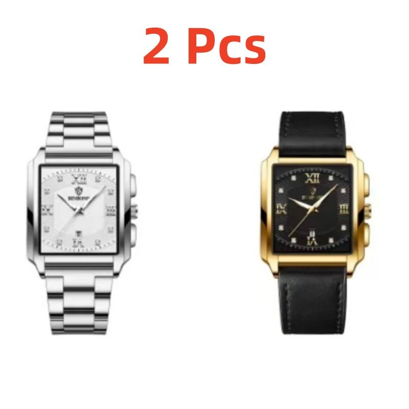 2  Pieces of BINBOND B4143 New Rectangular Men's Stainless Steel Band Simple Sports Outdoor Calendar Quartz Watch Waterproof Wristwatch