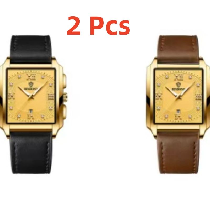 2  Pieces of BINBOND B4143 New Rectangular Men's Stainless Steel Band Simple Sports Outdoor Calendar Quartz Watch Waterproof Wristwatch