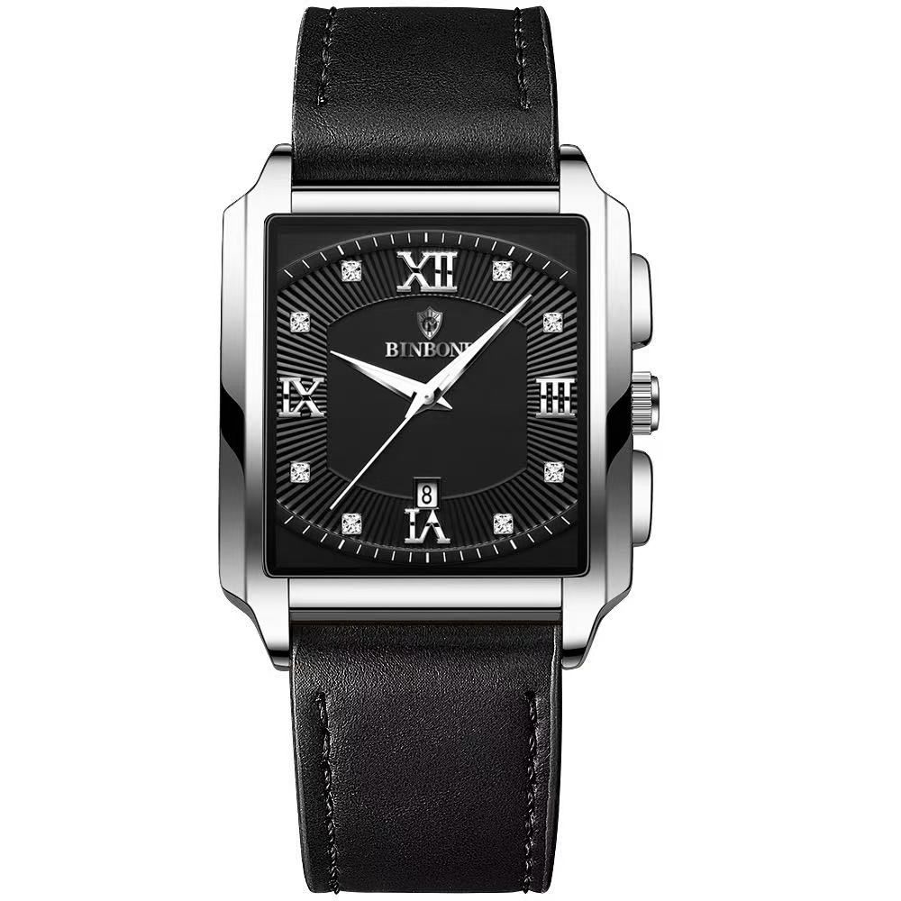 2  Pieces of BINBOND B4143 New Rectangular Men's Stainless Steel Band Simple Sports Outdoor Calendar Quartz Watch Waterproof Wristwatch