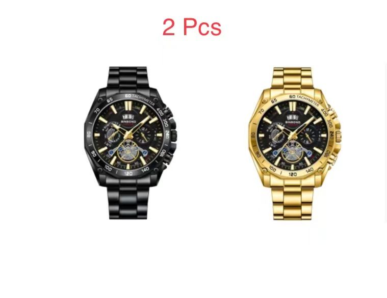 2 Pcs BINBOND B4750 Luminous Trendy Student Watch Men's Tourbillon Gift Steel Strap Three-Eye Six-Hand Decorative Watch