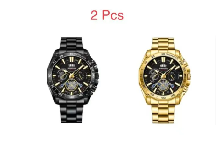 2 Pcs BINBOND B4750 Luminous Trendy Student Watch Men's Tourbillon Gift Steel Strap Three-Eye Six-Hand Decorative Watch