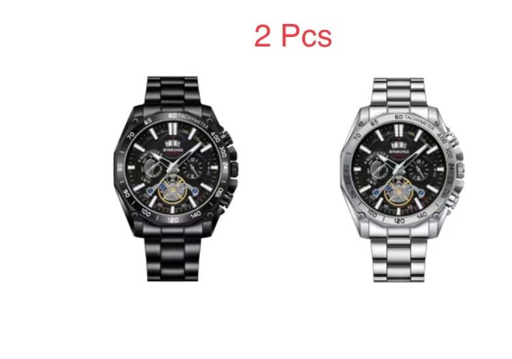 2 Pcs BINBOND B4750 Luminous Trendy Student Watch Men's Tourbillon Gift Steel Strap Three-Eye Six-Hand Decorative Watch