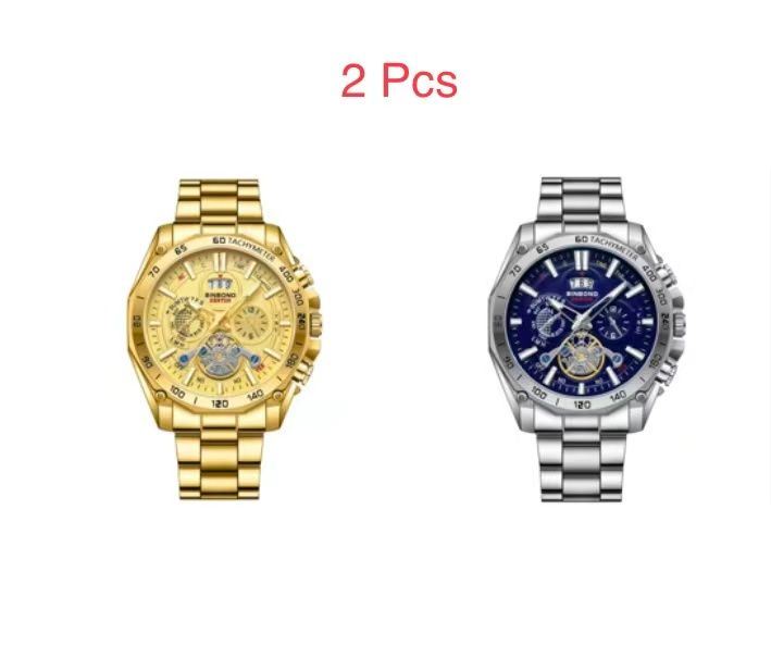 2 Pcs BINBOND B4750 Luminous Trendy Student Watch Men's Tourbillon Gift Steel Strap Three-Eye Six-Hand Decorative Watch