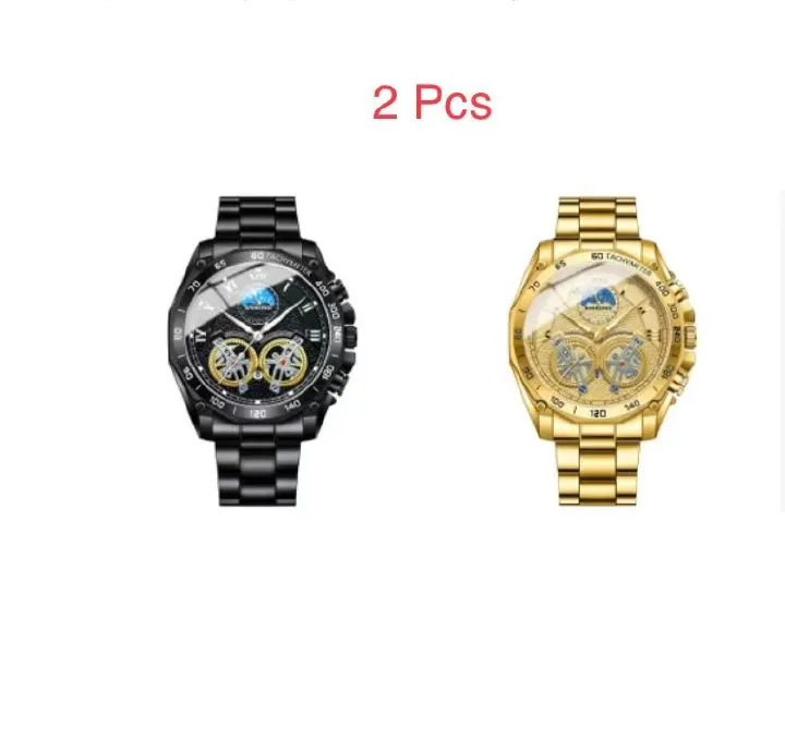 2 Pcs BINBOND B4833 Dual Tourbillon Men's Non-Automatic Mechanical Hollow-Out Watch Multi-Functional Fashionable Luminous Waterproof Wristwatch First-Class Quality And First-Class Service