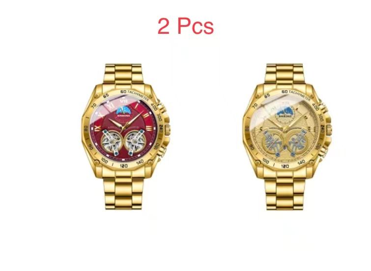 2 Pcs BINBOND B4833 Dual Tourbillon Men's Non-Automatic Mechanical Hollow-Out Watch Multi-Functional Fashionable Luminous Waterproof Wristwatch First-Class Quality And First-Class Service