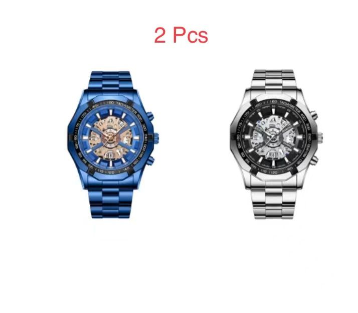2 Pcs Binband SO33 men's watch, non-mechanical & mechanical options, waterproof, with luminous function, for casual and business, mechanical with hollow-out design.