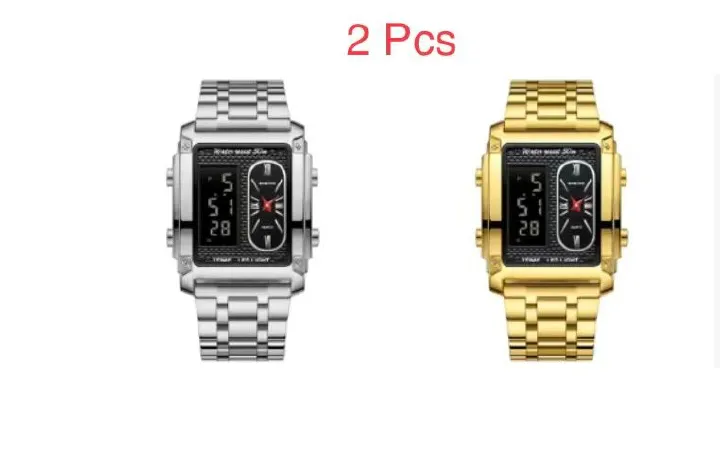 2 Pcs Binbond B2311 Fashion Men's Creative Steel Strap Electronic Watch, Dual Movements, Multi - Function, Waterproof, New Style Watch For Male Students, First - Class Quality, First - Class Service
