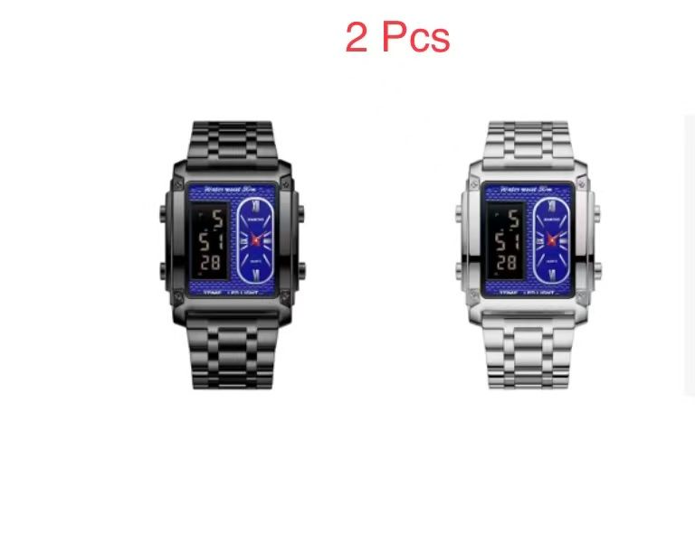 2 Pcs Binbond B2311 Fashion Men's Creative Steel Strap Electronic Watch, Dual Movements, Multi - Function, Waterproof, New Style Watch For Male Students, First - Class Quality, First - Class Service
