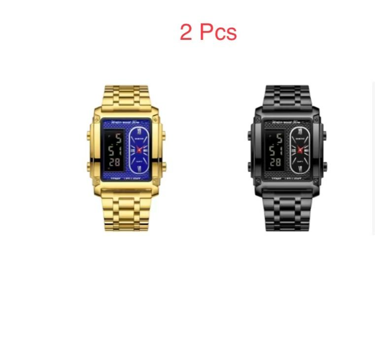 2 Pcs Binbond B2311 Fashion Men's Creative Steel Strap Electronic Watch, Dual Movements, Multi - Function, Waterproof, New Style Watch For Male Students, First - Class Quality, First - Class Service