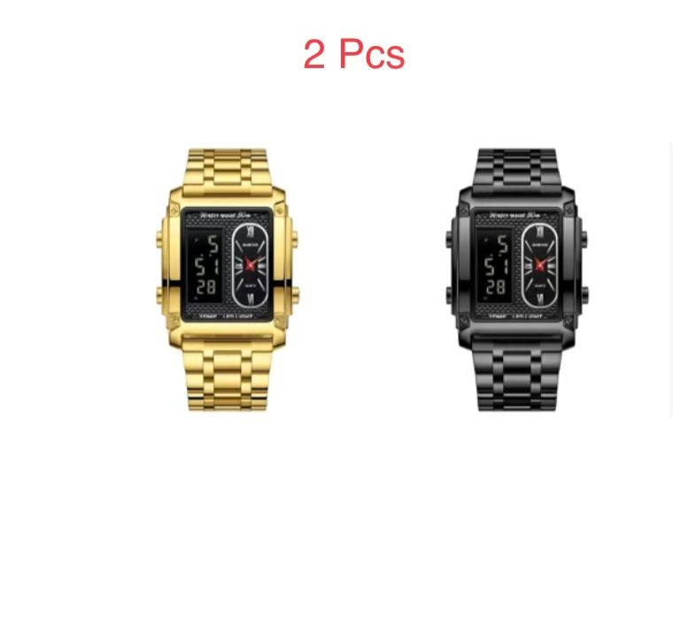 2 Pcs Binbond B2311 Fashion Men's Creative Steel Strap Electronic Watch, Dual Movements, Multi - Function, Waterproof, New Style Watch For Male Students, First - Class Quality, First - Class Service