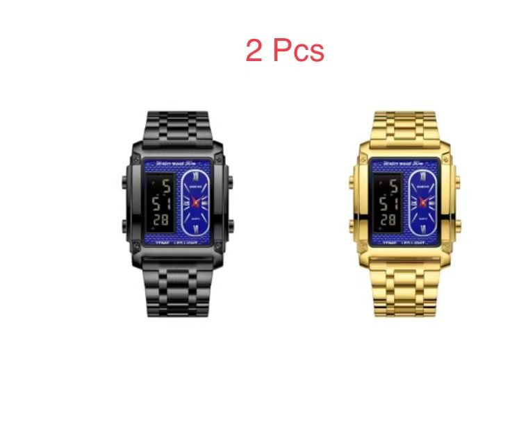2 Pcs Binbond B2311 Fashion Men's Creative Steel Strap Electronic Watch, Dual Movements, Multi - Function, Waterproof, New Style Watch For Male Students, First - Class Quality, First - Class Service