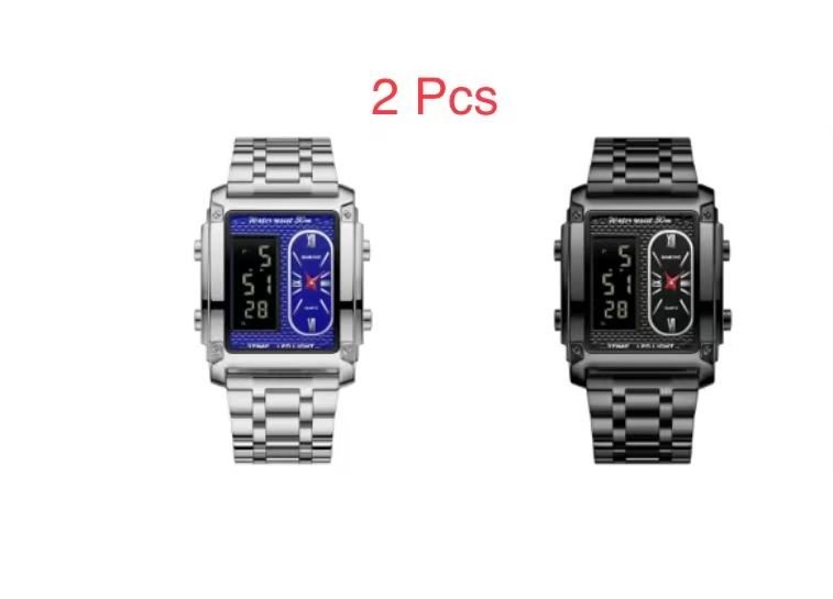 2 Pcs Binbond B2311 Fashion Men's Creative Steel Strap Electronic Watch, Dual Movements, Multi - Function, Waterproof, New Style Watch For Male Students, First - Class Quality, First - Class Service