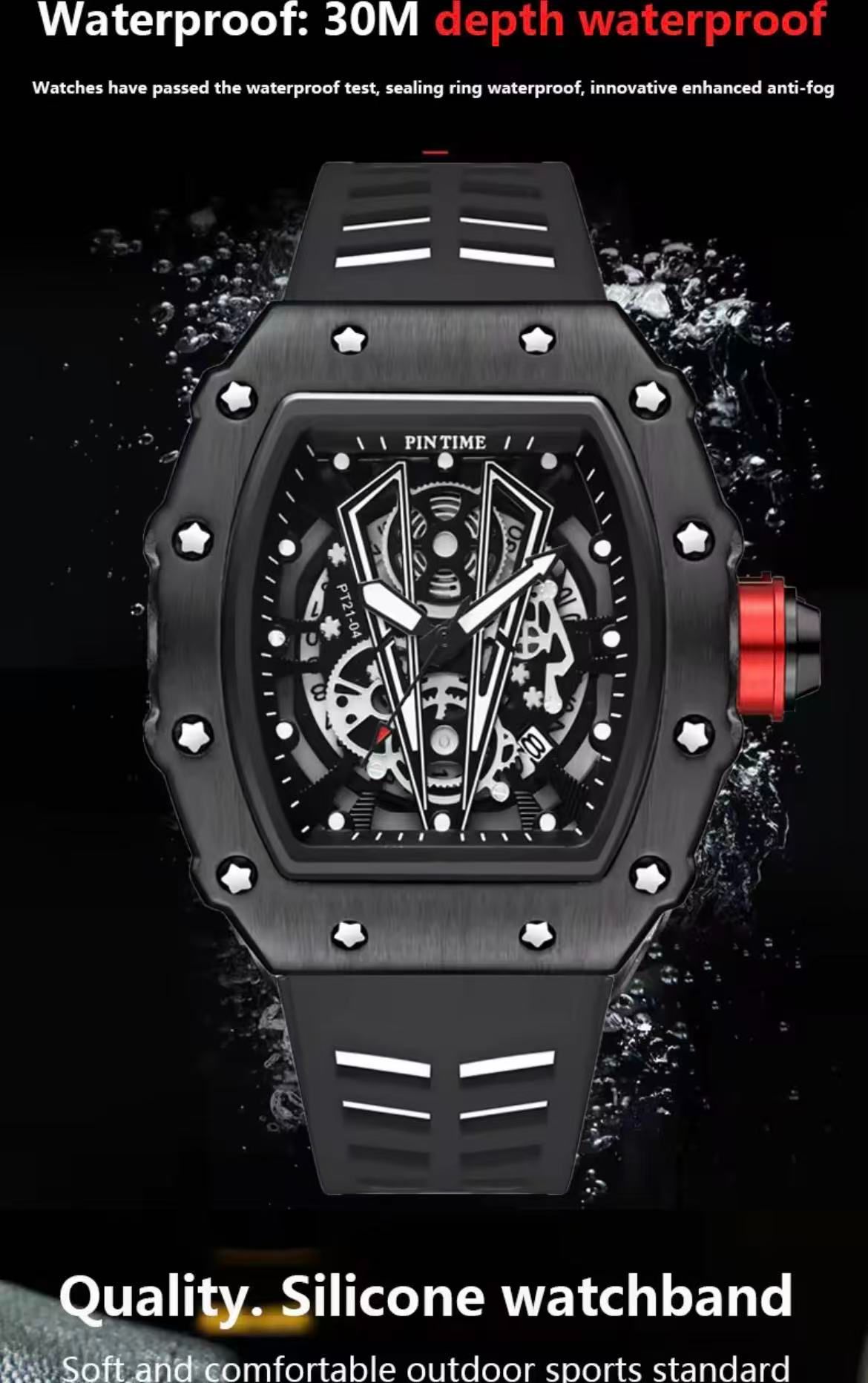 PINTIME 8140 TikTok Bestseller Men's Quartz Watch - Mechanical Style with Richard Barrel-Shaped Design