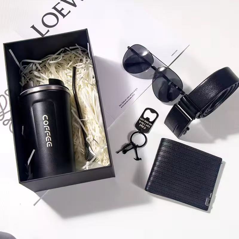 2025 Men's 6-Piece Gift Set: Glasses, Coffee Cup, Belt, Wallet, Spoon And Key Ring Gift For Business And Father's Day Men's Gift Set