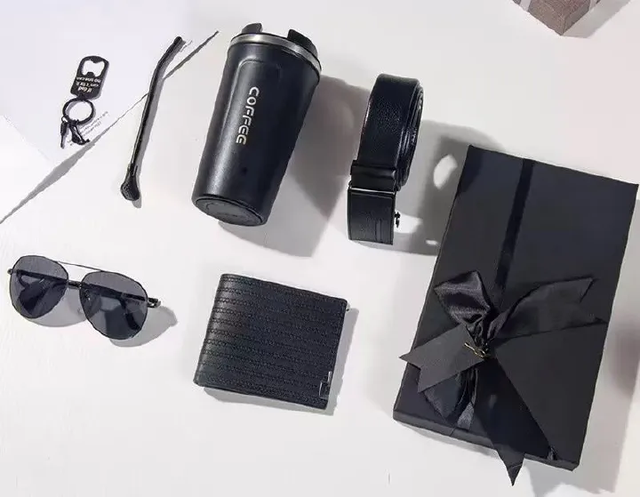 2025 Men's 6-Piece Gift Set: Glasses, Coffee Cup, Belt, Wallet, Spoon And Key Ring Gift For Business And Father's Day Men's Gift Set