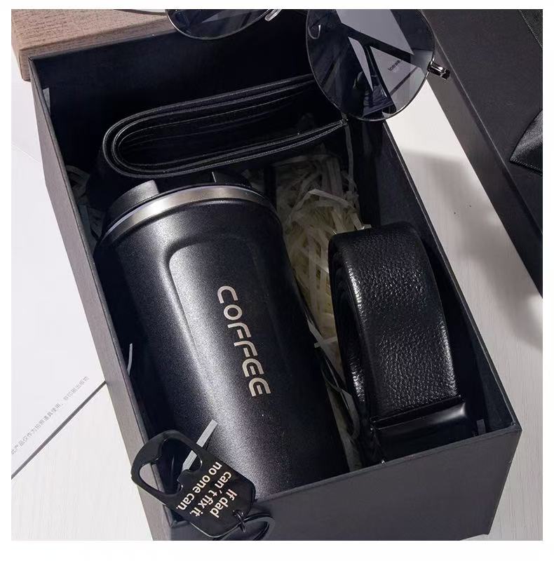 2025 Men's 6-Piece Gift Set: Glasses, Coffee Cup, Belt, Wallet, Spoon And Key Ring Gift For Business And Father's Day Men's Gift Set