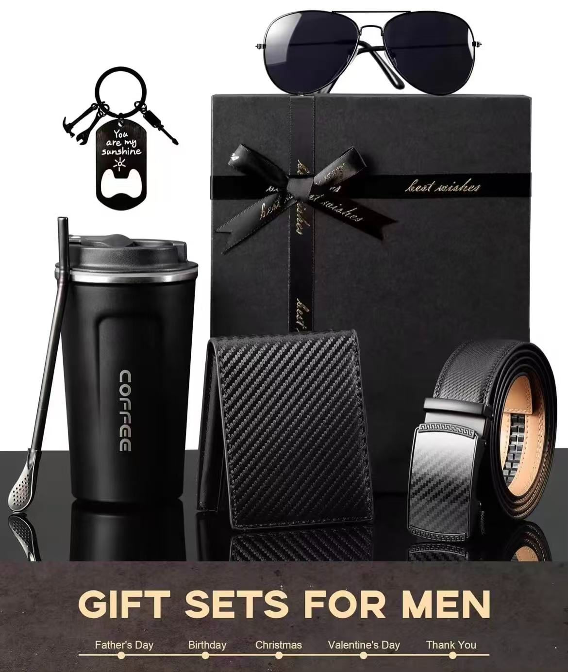 2025 Men's 6-Piece Gift Set: Glasses, Coffee Cup, Belt, Wallet, Spoon And Key Ring Gift For Business And Father's Day Men's Gift Set