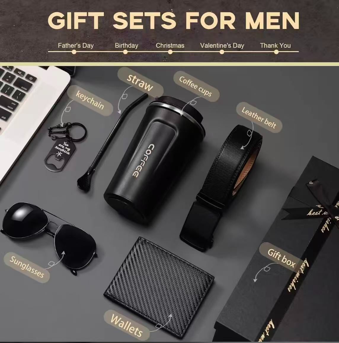 2025 Men's 6-Piece Gift Set: Glasses, Coffee Cup, Belt, Wallet, Spoon And Key Ring Gift For Business And Father's Day Men's Gift Set