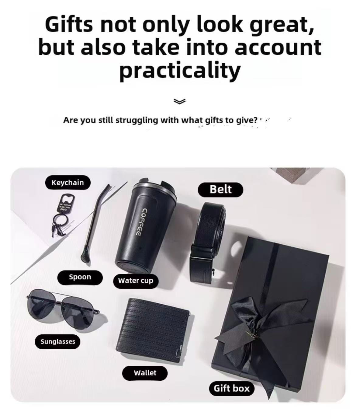 2025 Men's 6-Piece Gift Set: Glasses, Coffee Cup, Belt, Wallet, Spoon And Key Ring Gift For Business And Father's Day Men's Gift Set