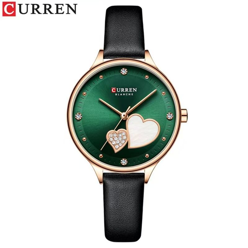 CURREN 9077 Belt Watch Water-Resistant Quartz Watch Heart-Shaped Rhinestone Fashion Leather Strap Watch Women's Watch, Adopting Japanese Movement, Acrylic Crystal