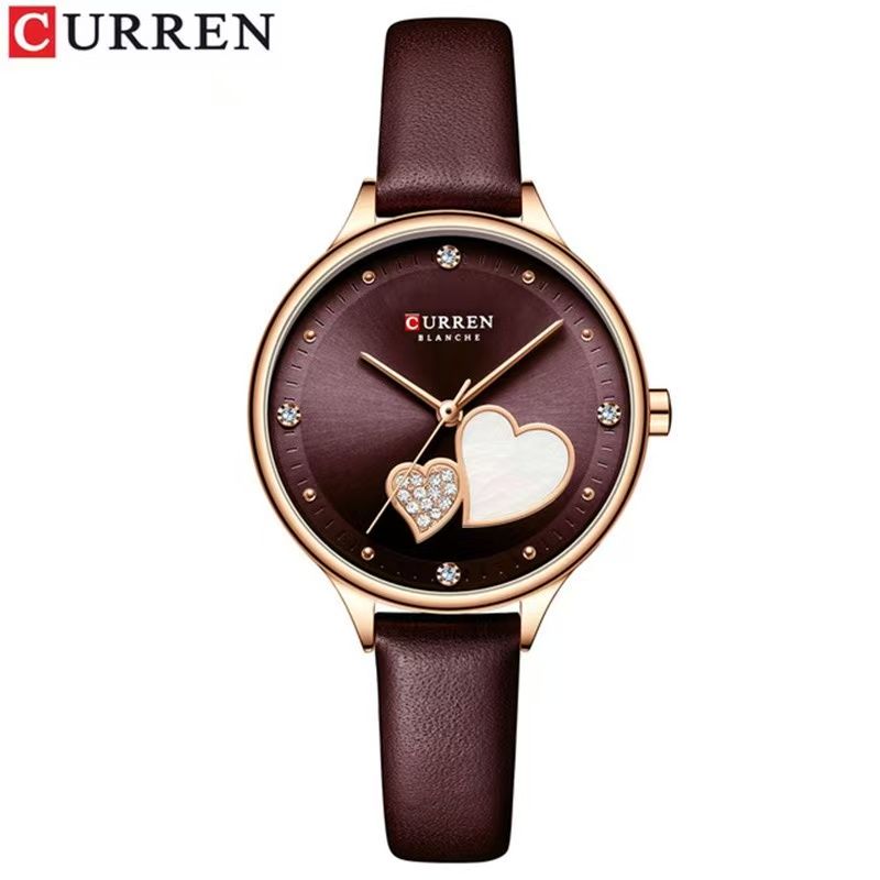 CURREN 9077 Belt Watch Water-Resistant Quartz Watch Heart-Shaped Rhinestone Fashion Leather Strap Watch Women's Watch, Adopting Japanese Movement, Acrylic Crystal