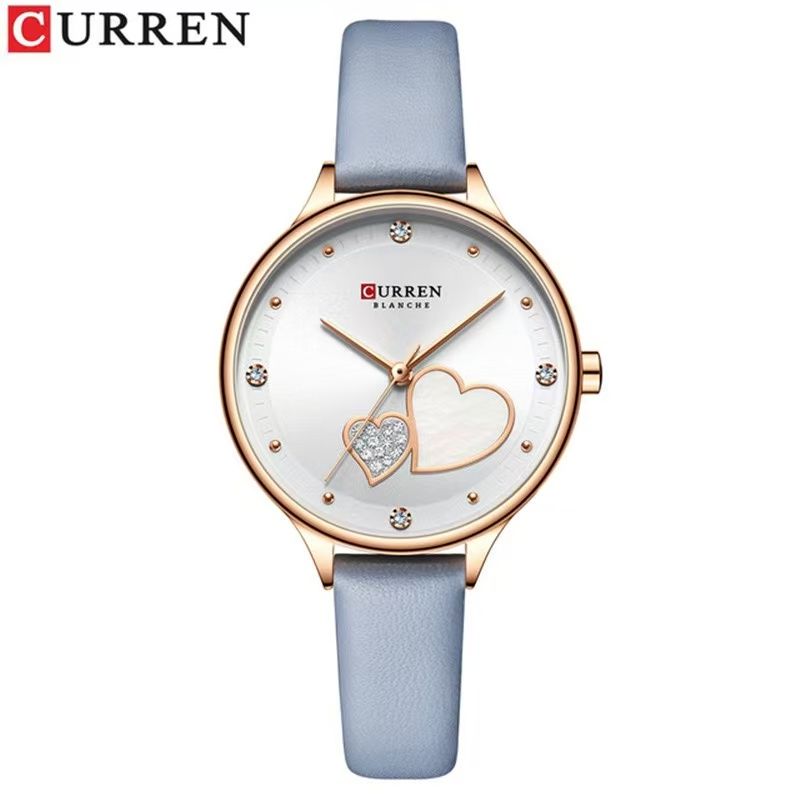 CURREN 9077 Belt Watch Water-Resistant Quartz Watch Heart-Shaped Rhinestone Fashion Leather Strap Watch Women's Watch, Adopting Japanese Movement, Acrylic Crystal