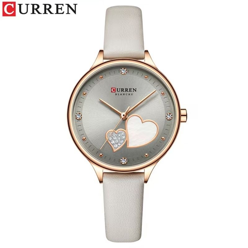 CURREN 9077 Belt Watch Water-Resistant Quartz Watch Heart-Shaped Rhinestone Fashion Leather Strap Watch Women's Watch, Adopting Japanese Movement, Acrylic Crystal