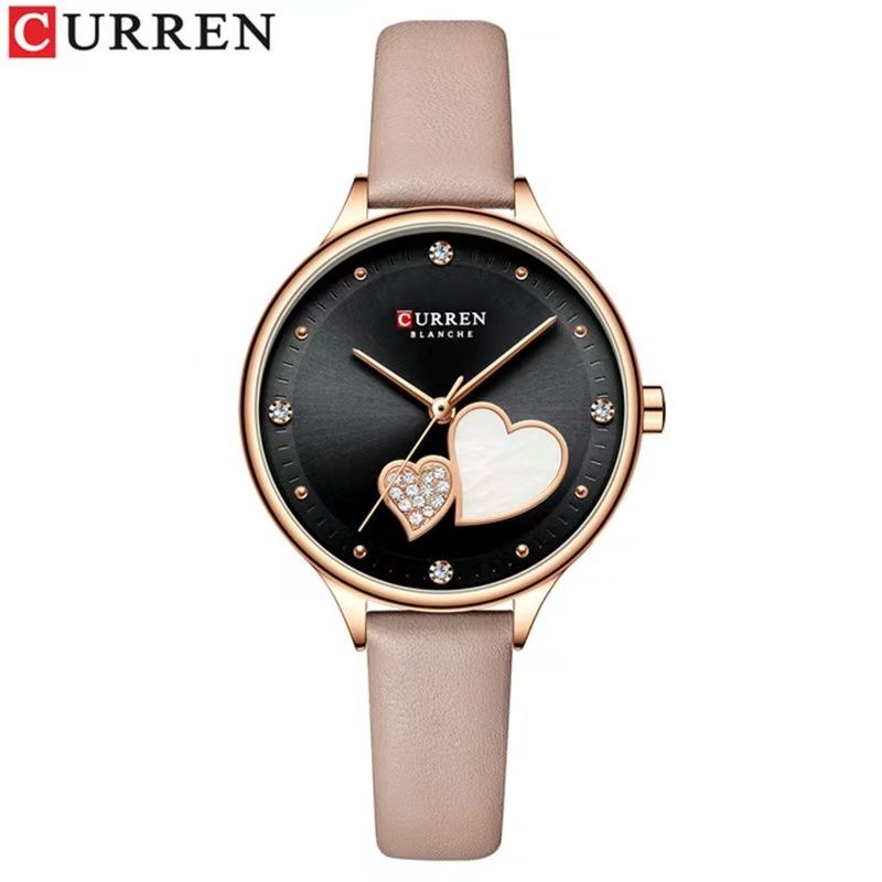 CURREN 9077 Belt Watch Water-Resistant Quartz Watch Heart-Shaped Rhinestone Fashion Leather Strap Watch Women's Watch, Adopting Japanese Movement, Acrylic Crystal