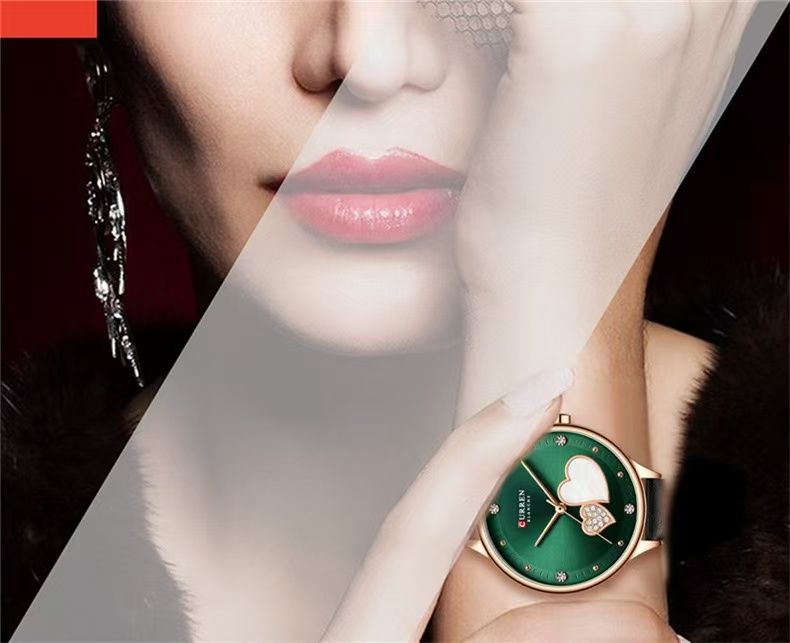 CURREN 9077 Belt Watch Water-Resistant Quartz Watch Heart-Shaped Rhinestone Fashion Leather Strap Watch Women's Watch, Adopting Japanese Movement, Acrylic Crystal