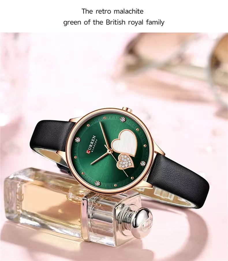 CURREN 9077 Belt Watch Water-Resistant Quartz Watch Heart-Shaped Rhinestone Fashion Leather Strap Watch Women's Watch, Adopting Japanese Movement, Acrylic Crystal
