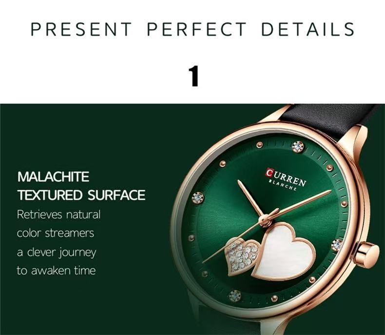 CURREN 9077 Belt Watch Water-Resistant Quartz Watch Heart-Shaped Rhinestone Fashion Leather Strap Watch Women's Watch, Adopting Japanese Movement, Acrylic Crystal