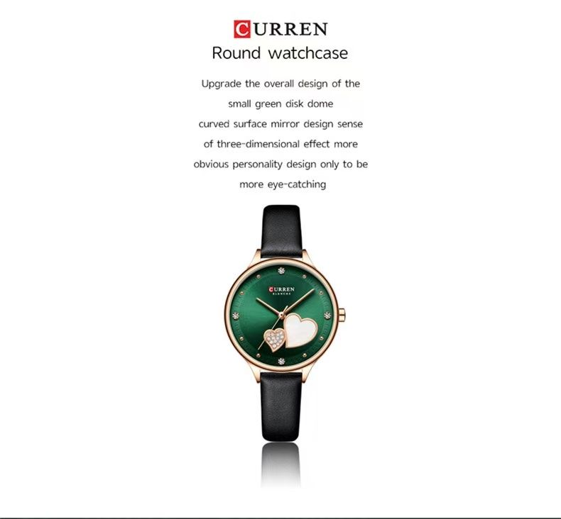 CURREN 9077 Belt Watch Water-Resistant Quartz Watch Heart-Shaped Rhinestone Fashion Leather Strap Watch Women's Watch, Adopting Japanese Movement, Acrylic Crystal