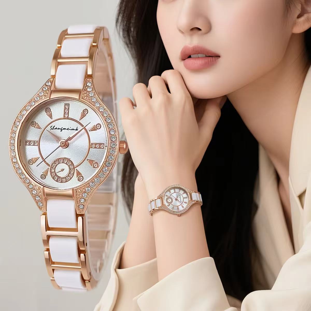 Star-Filled Sky Collection Counter Luxury Ladies' Watch, Luxury, Versatile, Fashionable, Elegant Style 1301 Classic White